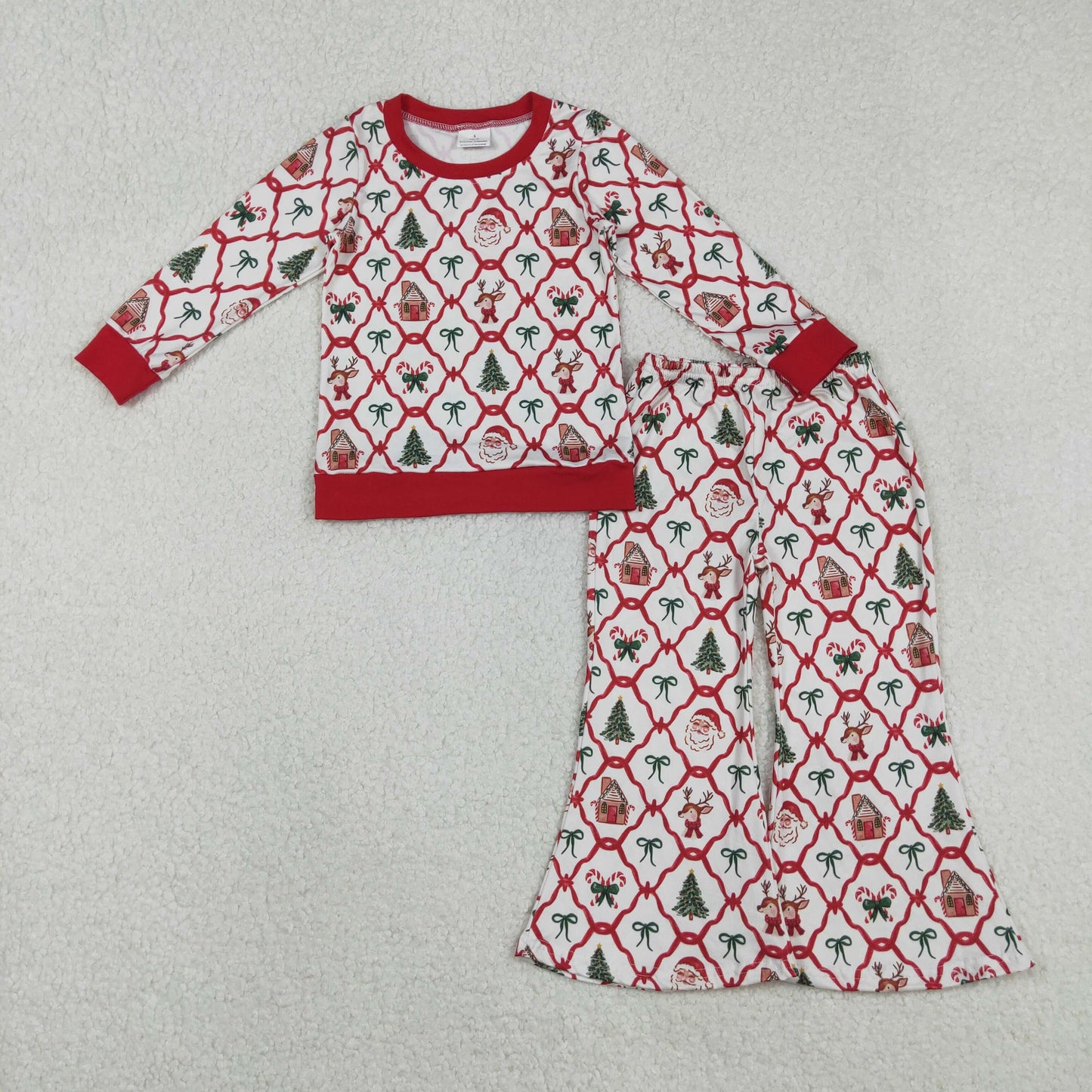 RTS NO MOQ(In Stock) GLP2878 Santa Claus Christmas Candy Cane with Sugar Bear Bow White Long-Sleeved Pants Set