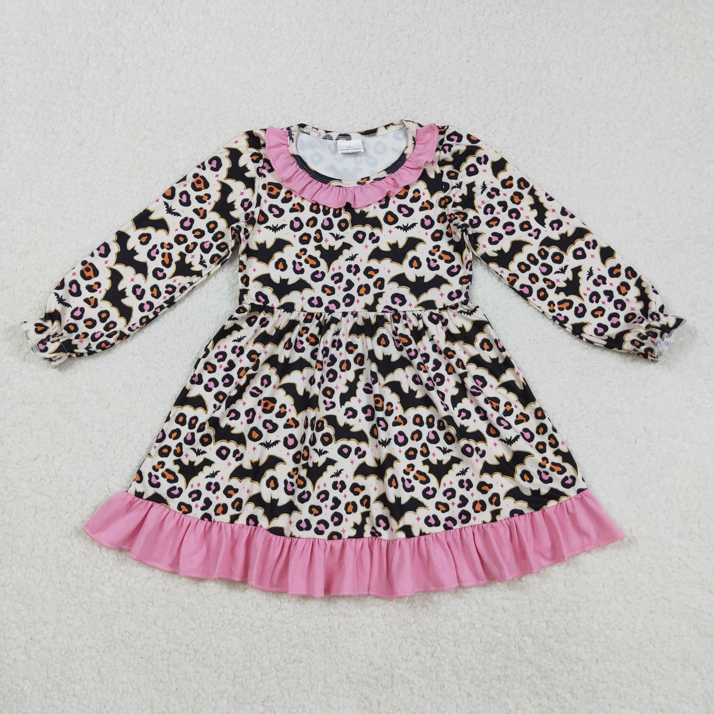 RTS NO MOQ(In Stock) GLD1224 Halloween Bat Leopard Print Pink Lace Long-Sleeved Dress