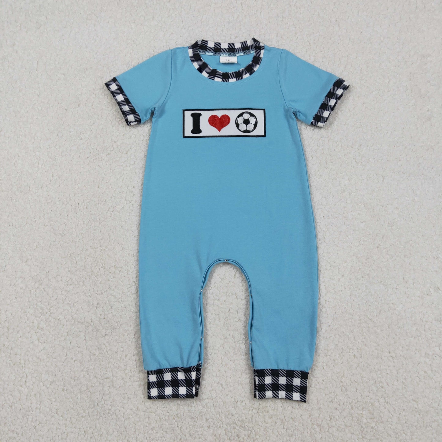 RTS NO MOQ(In Stock) Embroidered "I Love Football" Heart Black Check Blue Short-Sleeve Jumpsuit