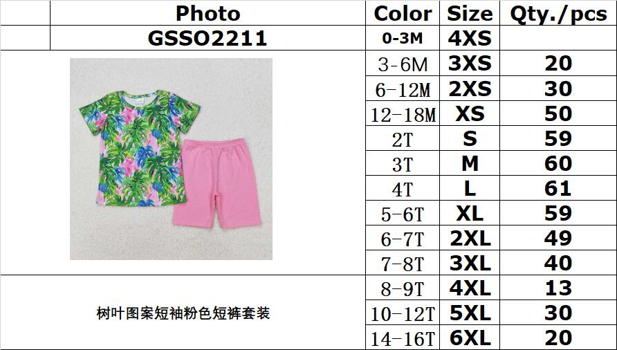 RTS NO MOQ ETA 5/7days Arrived GSSO2211 Leaf Pattern Short Sleeve Pink Shorts Set