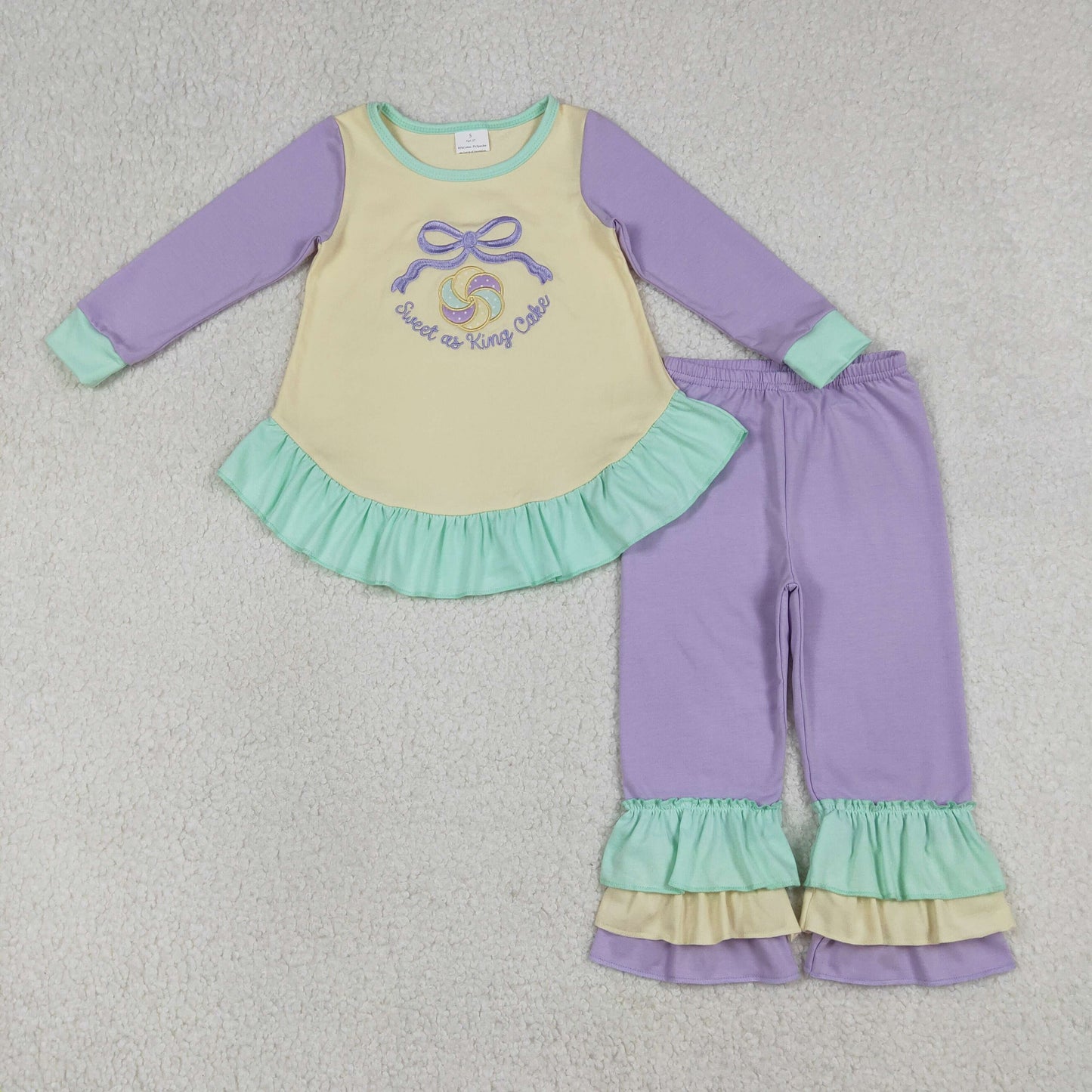RTS NO MOQ(In Stock) GLP2979 Embroidered Sweet as King Cake Bow Pattern Lace Long-Sleeved Pants Set