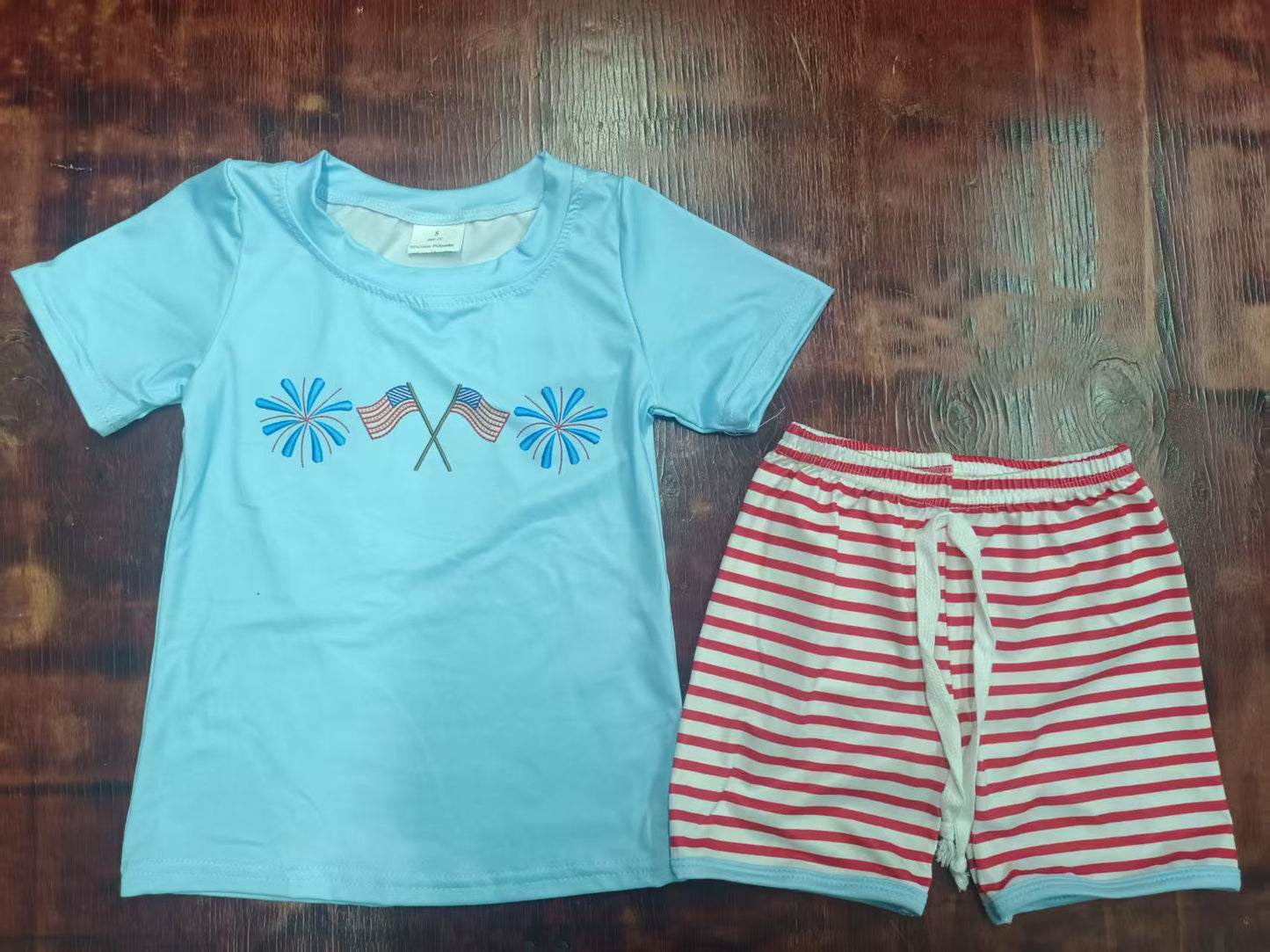 Custom moq 3 eta 6-7weeks baby boys clothes flag blue short sleeve shorts sets