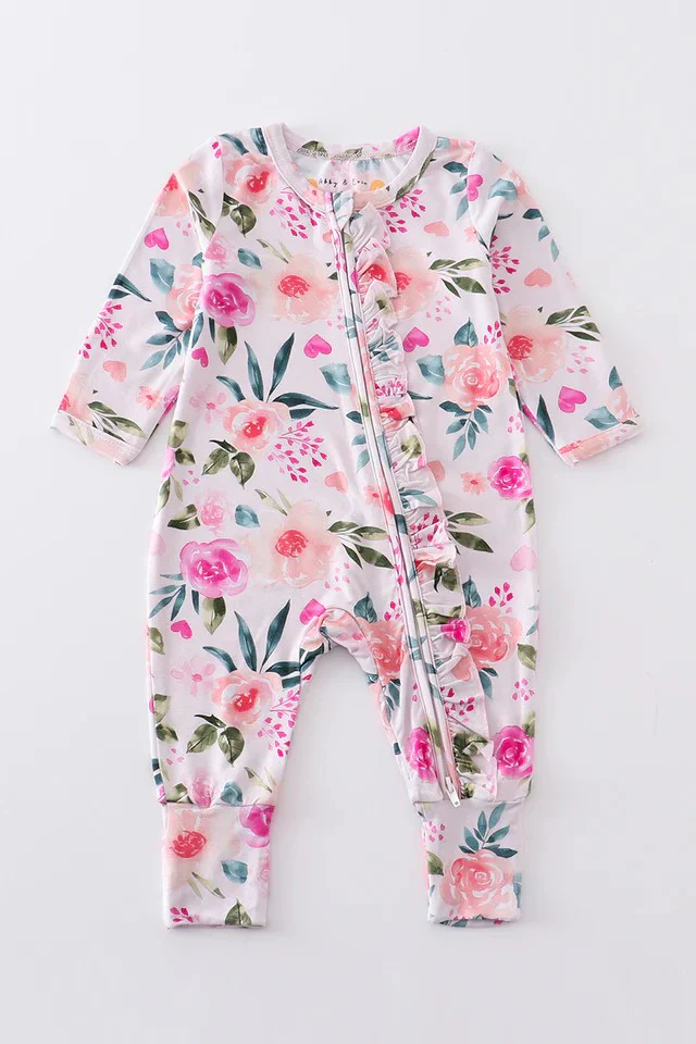Deadline August 8 custom no moq Long Sleeve Floral Zipper Romper
