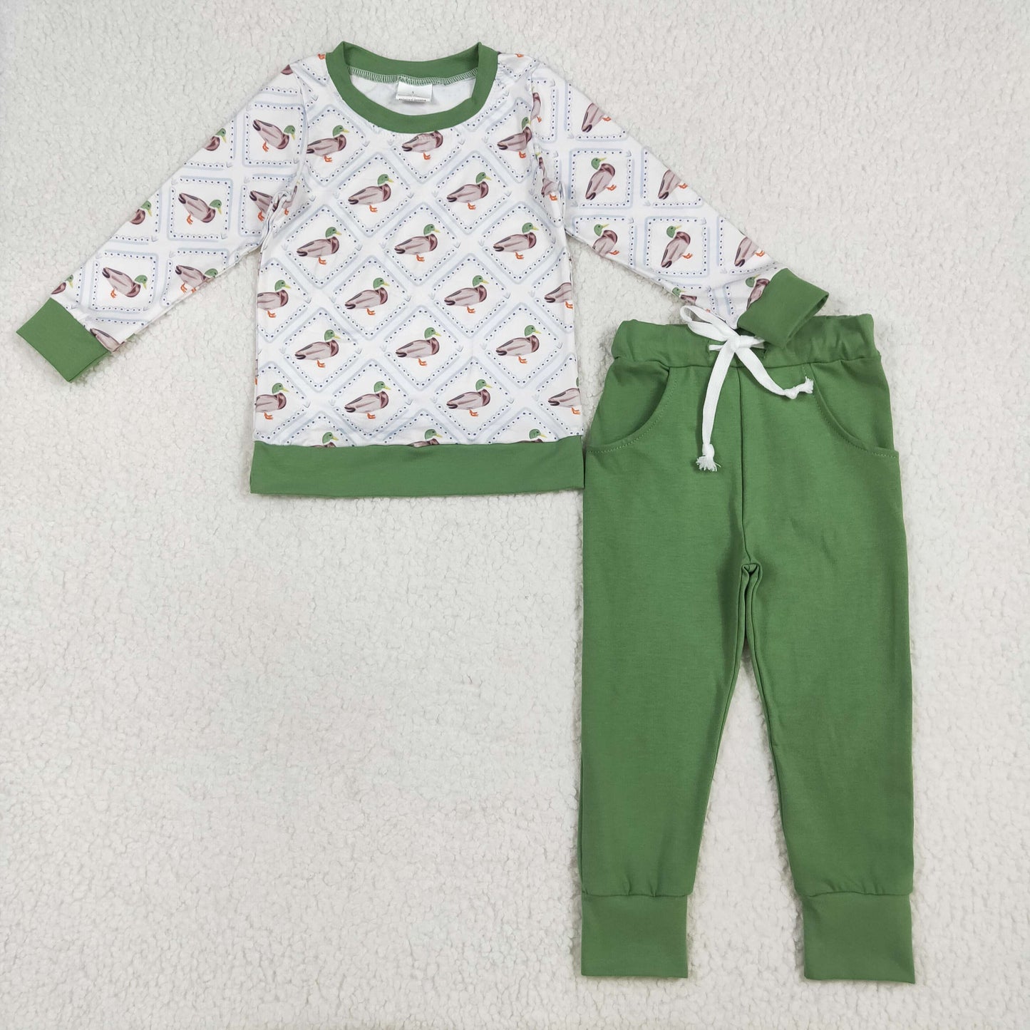 RTS NO MOQ(In Stock) BLP1071 duck plaid beige long sleeve trousers set