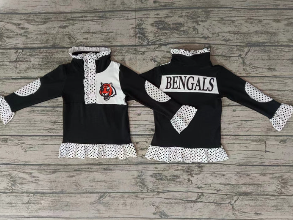 Deadline September 23 custom no moq eta 6-8weeks Black polka dot lace cuffs-neckline-tiger head button pullover top