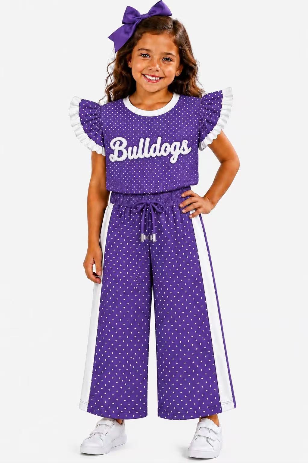 custom moq 5 mix size KLSH01 Baby Girls Letter Print Polka Dot Ruffle Sleeve Top Leg Pant Outfit