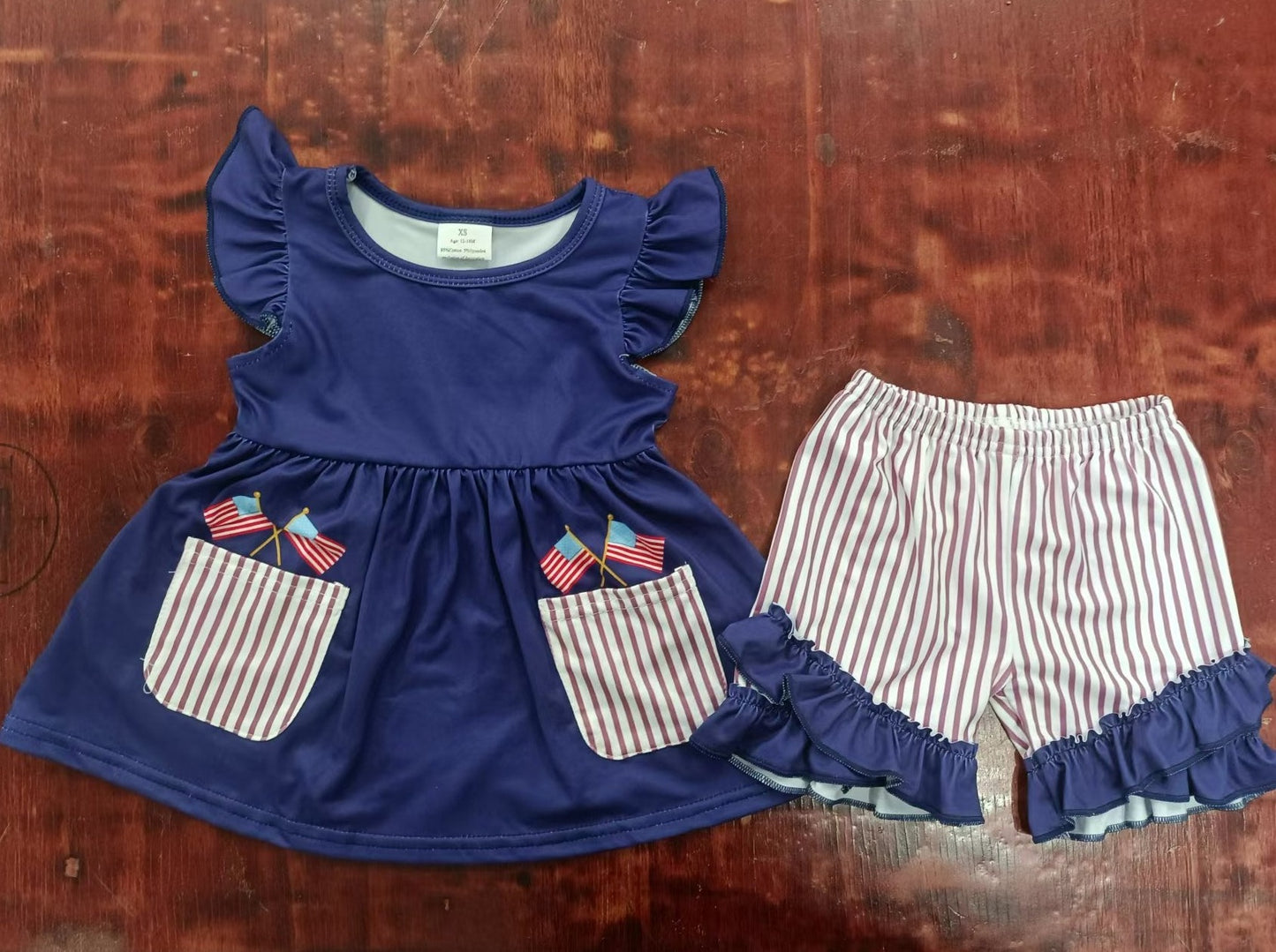 custom moq 5 eta 5weeks summer baby girls clothes national day flag navy blue flying sleeve lace shorts Set