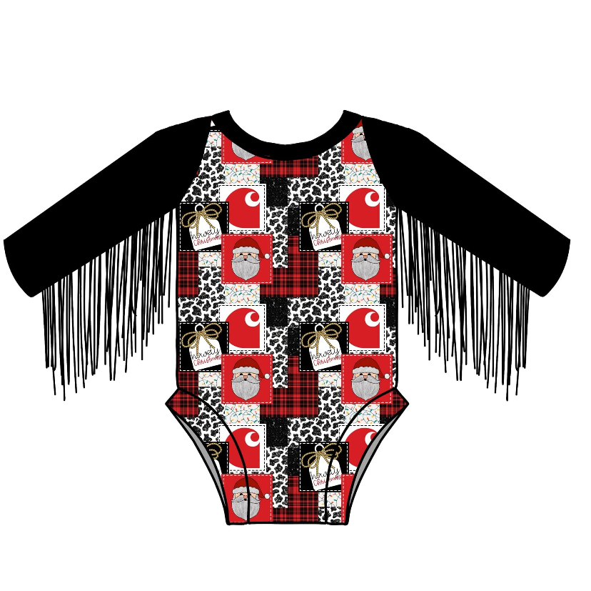 Deadline October 18 custom no moq eta 6-8weeks Black and Red Plaid Santa Claus-Gift Box Pattern Tassel Decoration Long Sleeve Short Climbing Suit