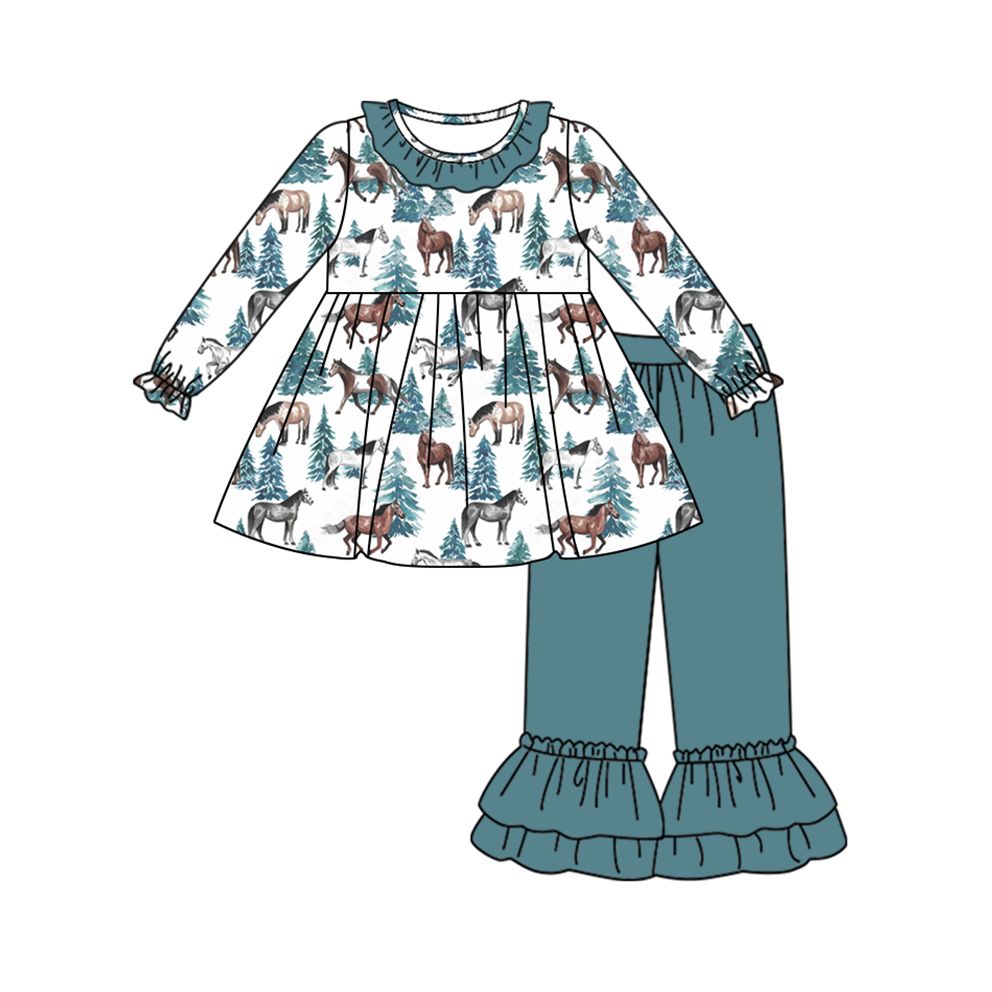Deadline November 20 custom no moq eta 6-8weeks Baby Girls Lake Green Christmas Tree-Horse Pattern Lace Hem Long Sleeve Pants Set