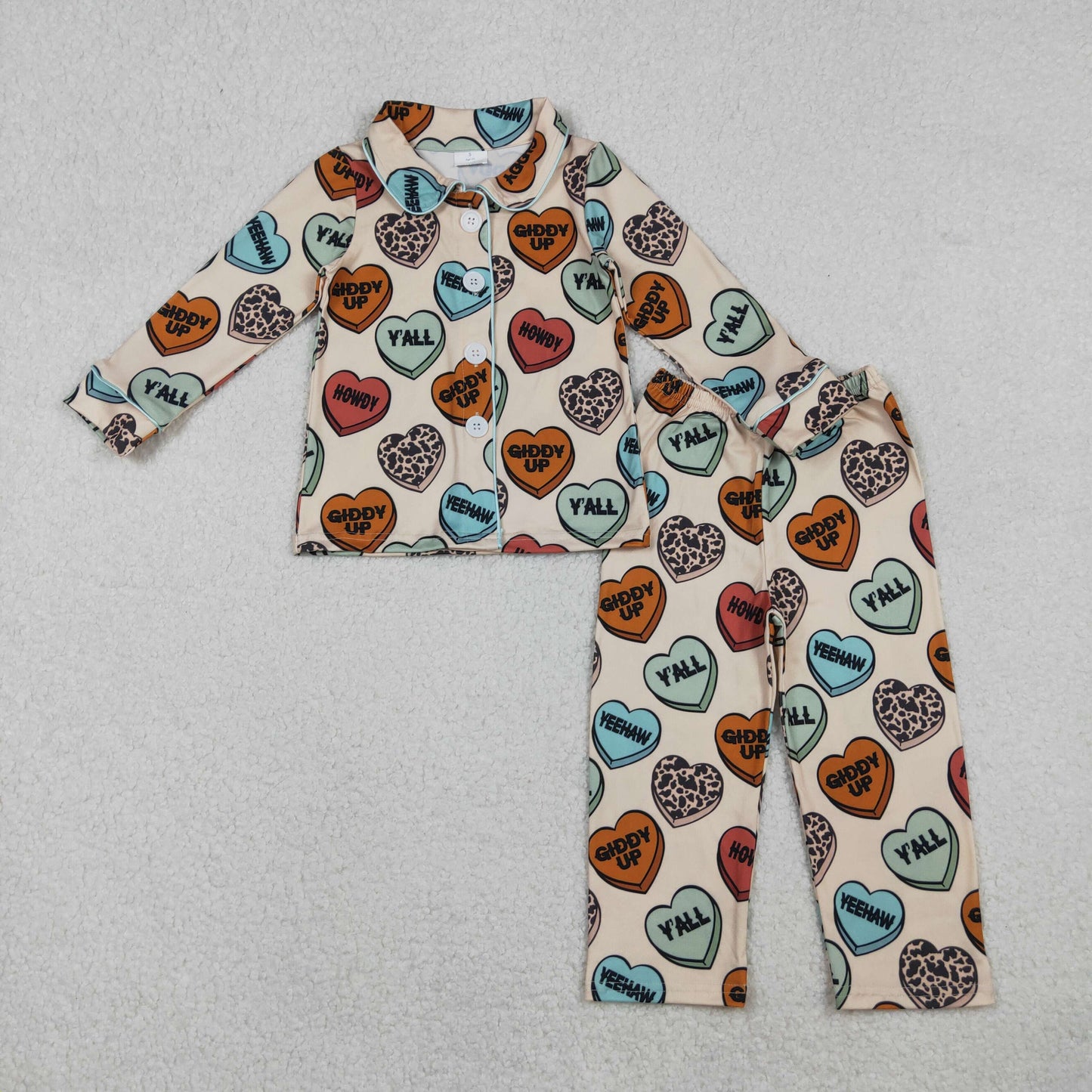 12/18M-7/8T RTS NO MOQ(In Stock) BLP1284 Beige Valentine's Day heart-shaped button-down long-sleeved trousers pajama set
