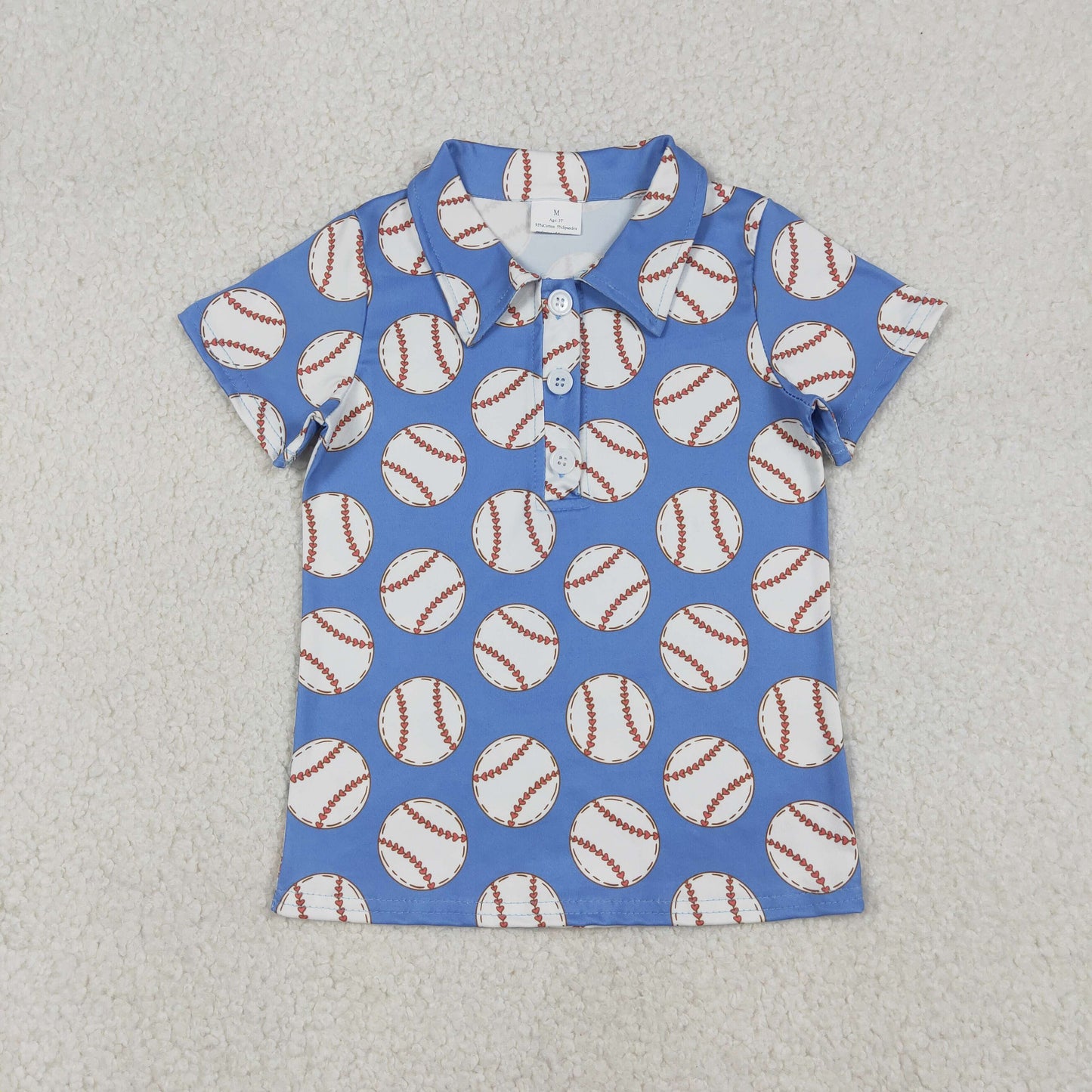 RTS NO MOQ(In Stock) Baseball Blue Button-Down Collar Short-Sleeved Top