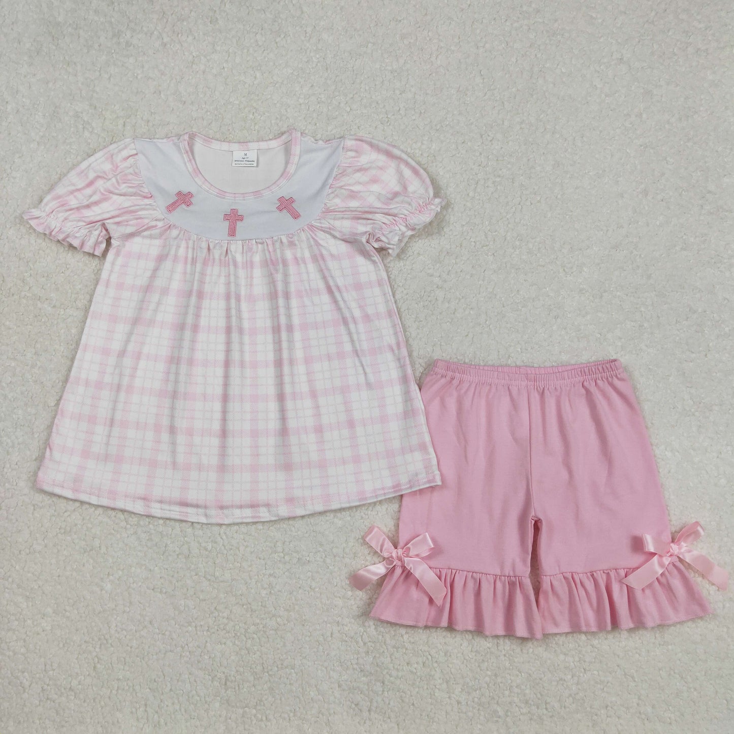 RTS RTS NO MOQ(In Stock) Embroidered Easter cross pink plaid short-sleeved shorts set