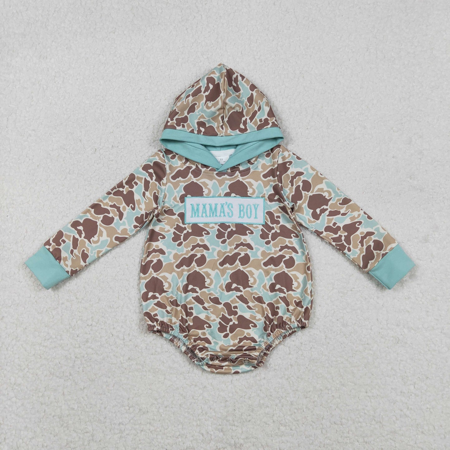 RTS NO MOQ(In Stock) LR2795 Embroidered Mama's Boy Blue-Green-Brown Camouflage Hooded Long-Sleeve Bodysuit