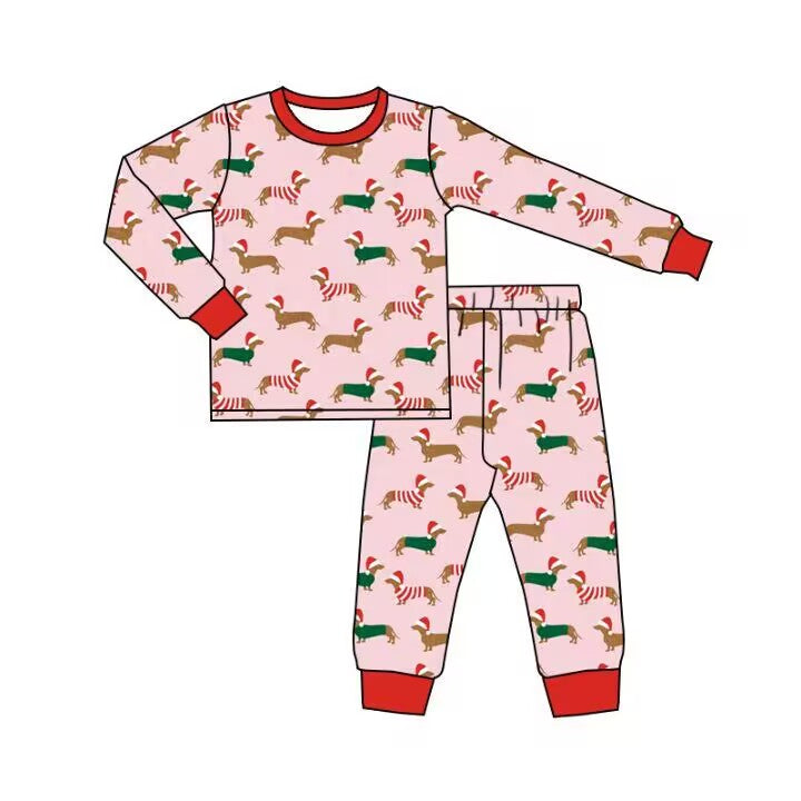 Deadline October 2 custom no moq eta 6-8weeks Christmas long-sleeved pink suit with puppy pattern