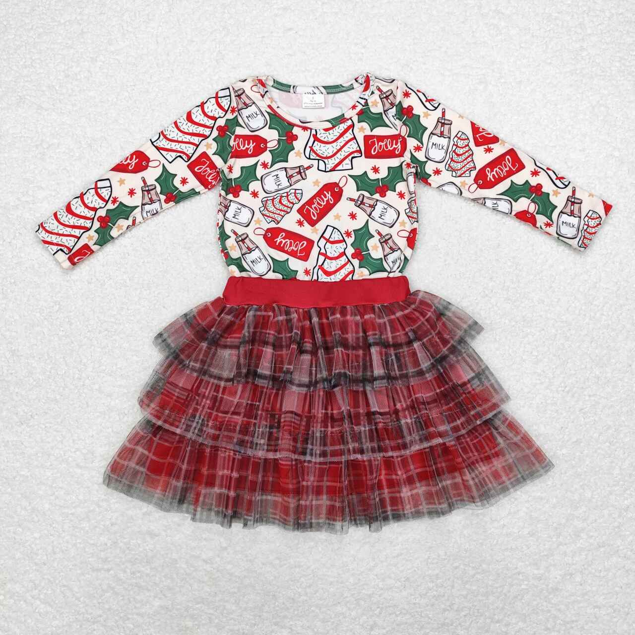 Custom moq 3 eta 6-7weeks Striped Christmas Milk Tag Long Sleeve Top - Red Plaid Gauze Skirt Set