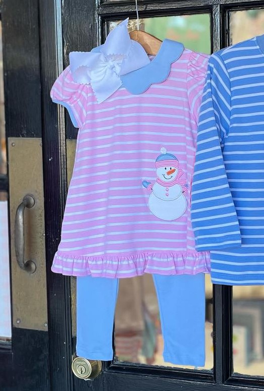 Deadline September 23 custom no moq eta 6-8weeks Embroidered Snowman Pattern Blue Petal Collar Pink Striped Short Sleeve Pants Set