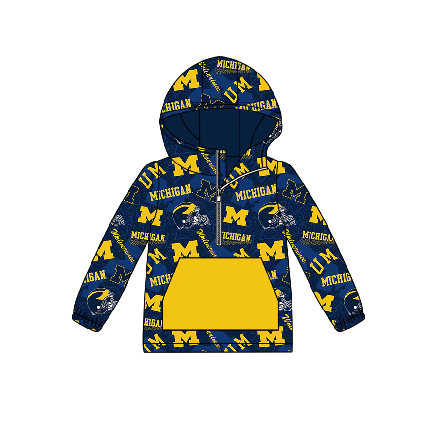 Deadline November 21 custom no moq eta 6-8weeks Yellow Lettering - Helmet Pocket Dark Blue Zippered Pullover Long Sleeve Top
