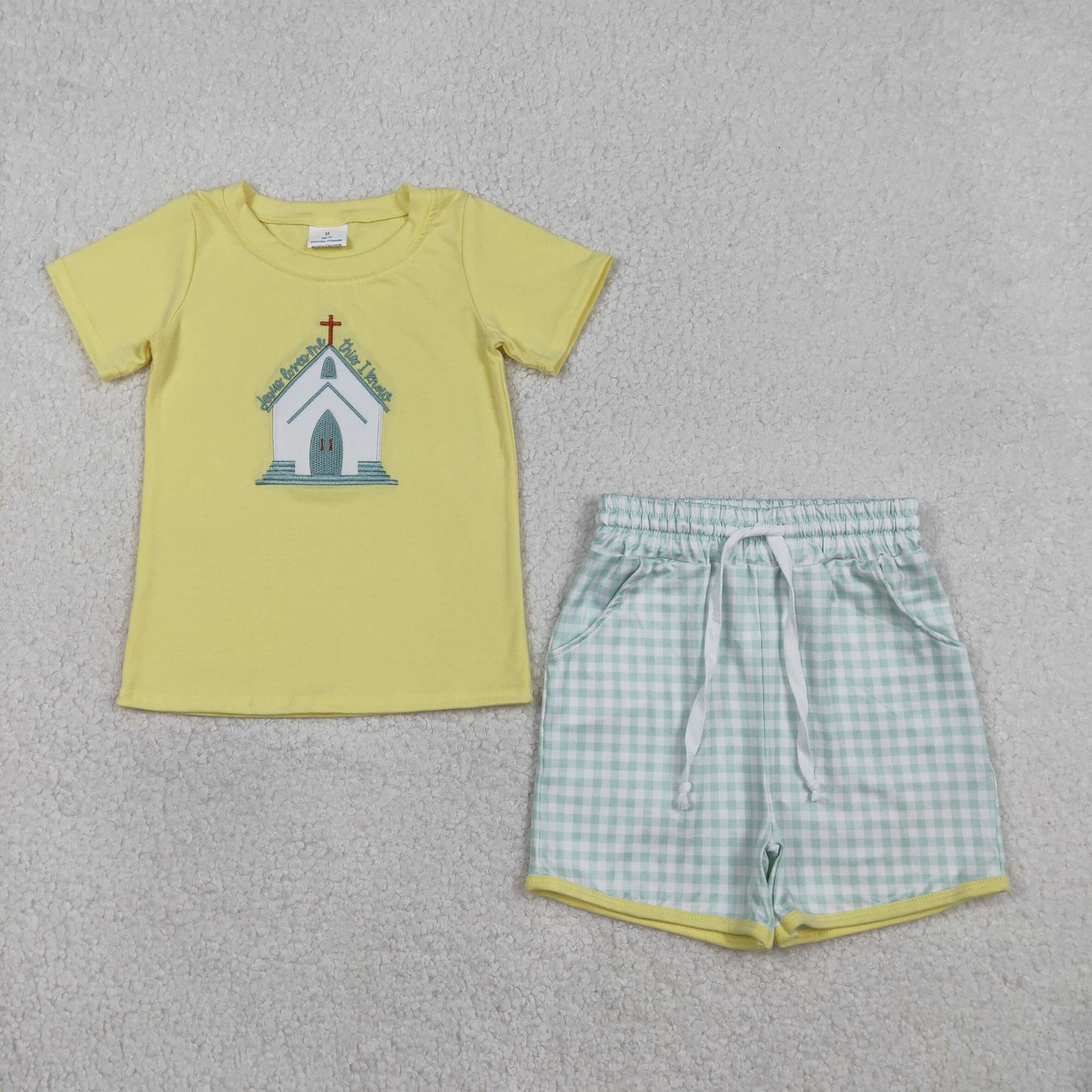 RTS NO MOQ(In Stock) BSSO1740 Embroidered Cross Yellow Short-Sleeved Top and Green Plaid Shorts Set