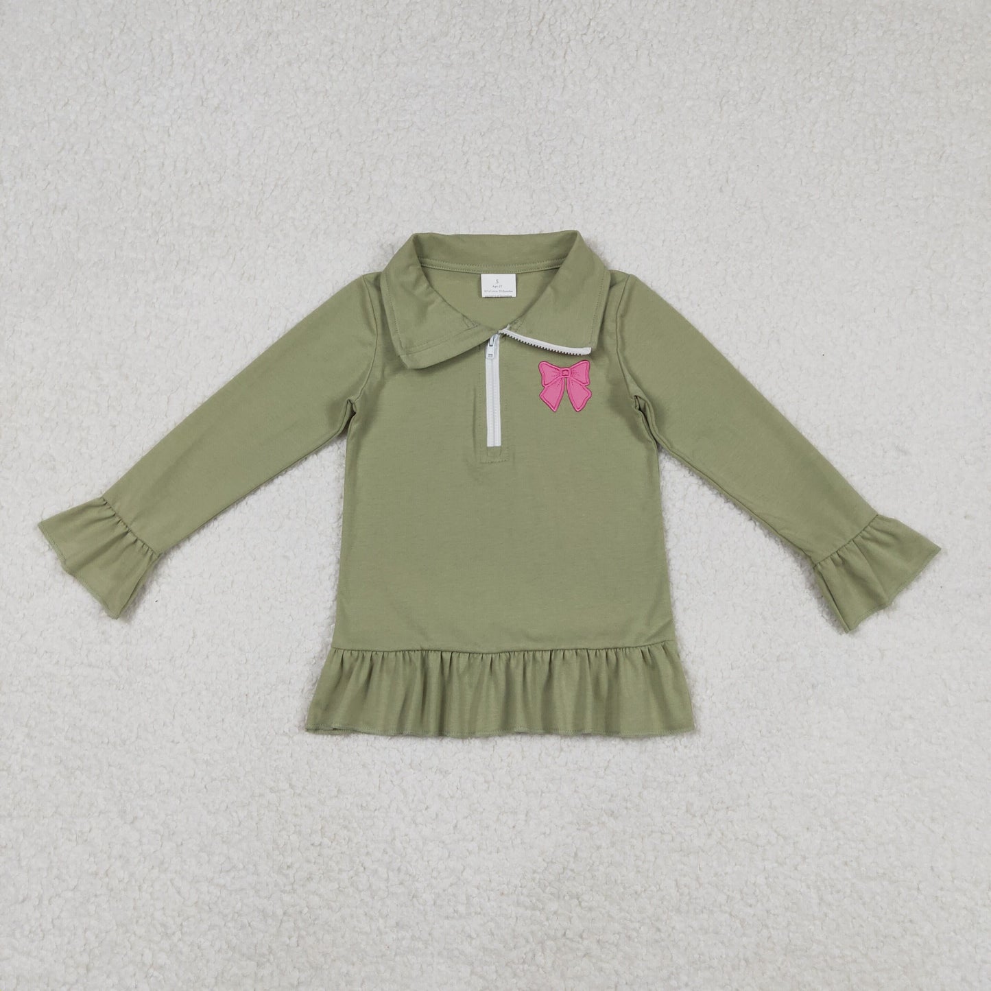 RTS NO MOQ(In Stock) GT1272 Embroidered Rose Red Bow Pattern Army Green Lace Zipper Long-Sleeved Top