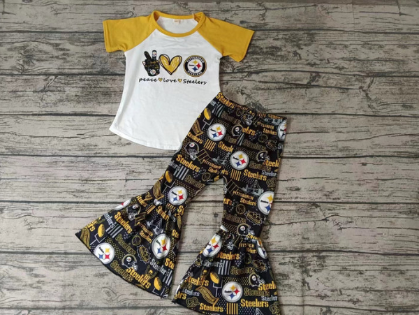 Deadline September 23 custom no moq eta 6-8weeks Yellow and White Short Sleeve Top-Black Flared Pants Set