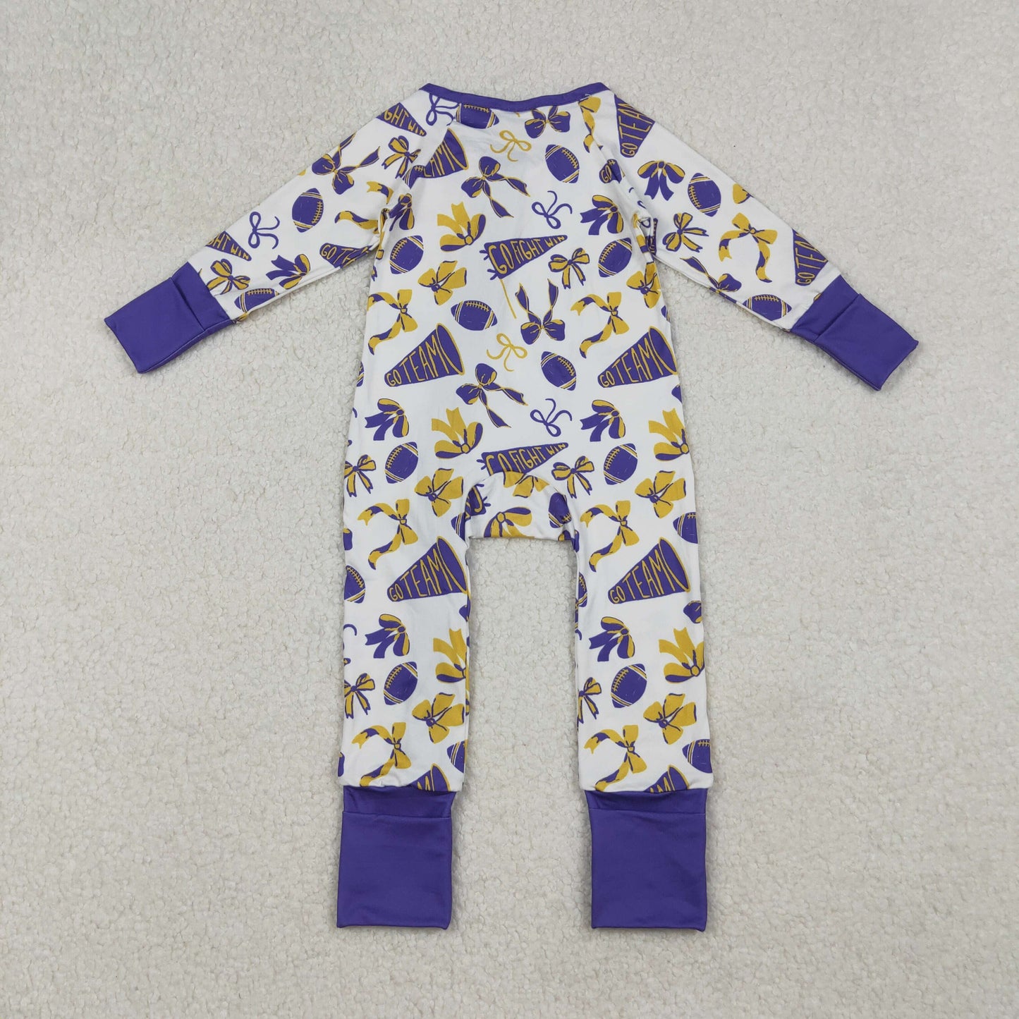 RTS NO MOQ(In Stock) LR2513 Football Horn Bow Pattern Purple Lace Zipper Long-Sleeved Bodysuit