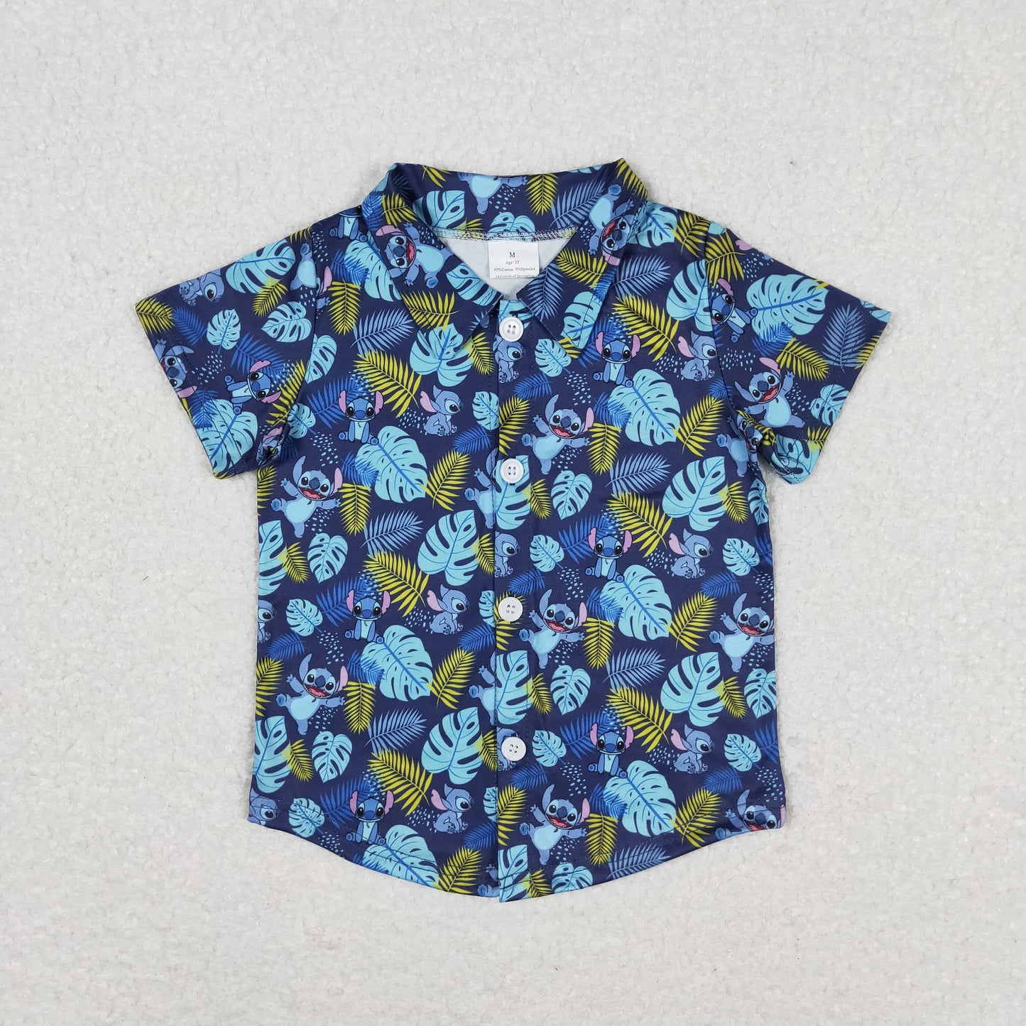 RTS NO MOQ(In Stock) BT0608 Cartoon Stitch Leaves Blue Button Short Sleeve Top