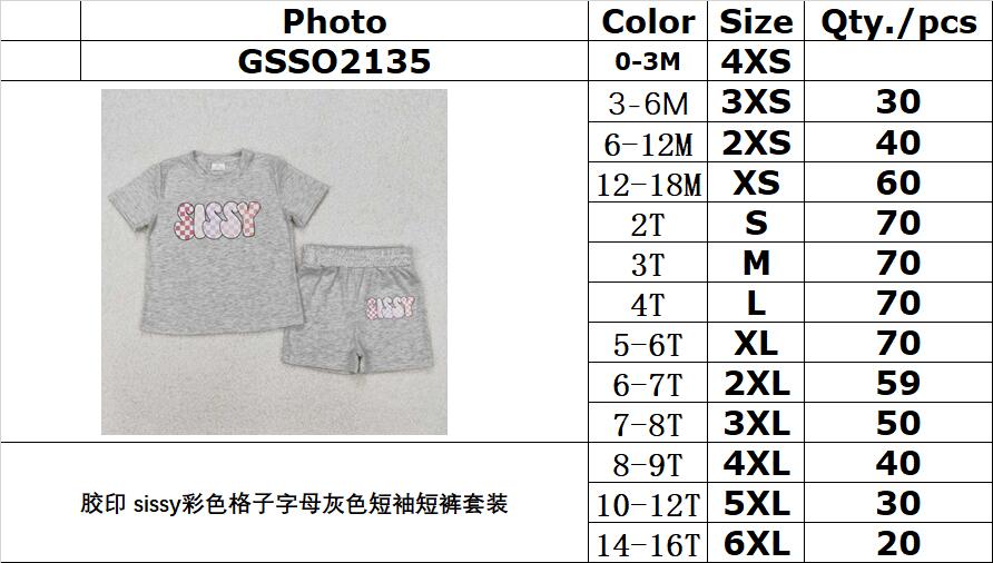 RTS NO MOQ ETA 5/7days Arrived GSSO2135 Offset sissy color plaid letters gray short sleeve shorts suit