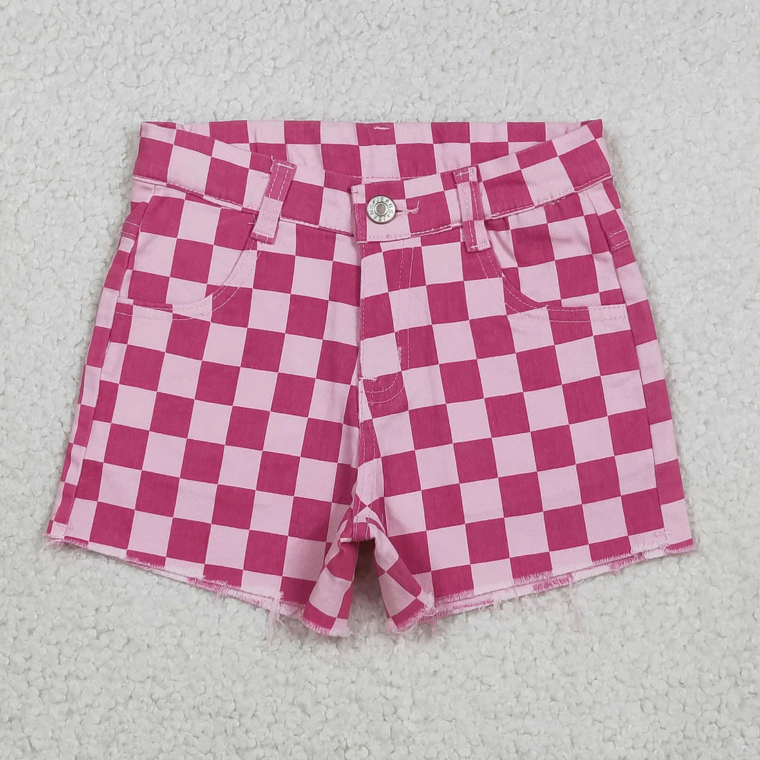 RTS NO MOQ Baby Girls Pink Checked Pockets Denim Shorts Bottom