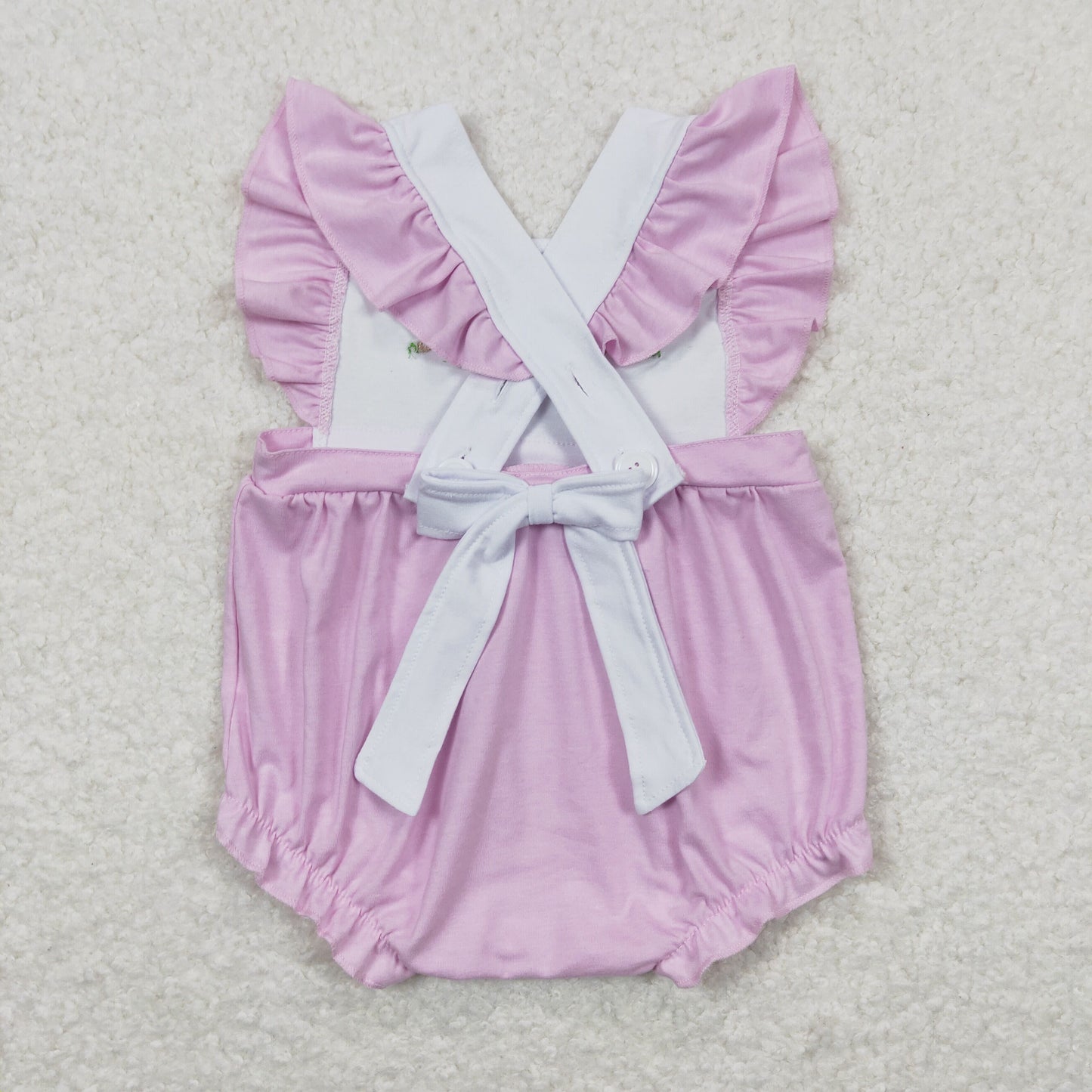 RTS NO MOQ(In Stock) Embroidery Three Rabbits Bow Purple and White Flying Sleeve Jumpsuit