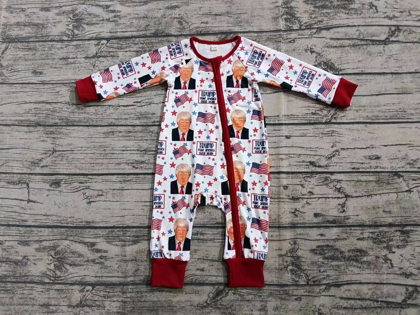 Deadline November 22 custom no moq eta 6-8weeks Baby Boys Flag-Trump Star Pattern Red Long Zip-Up Romper