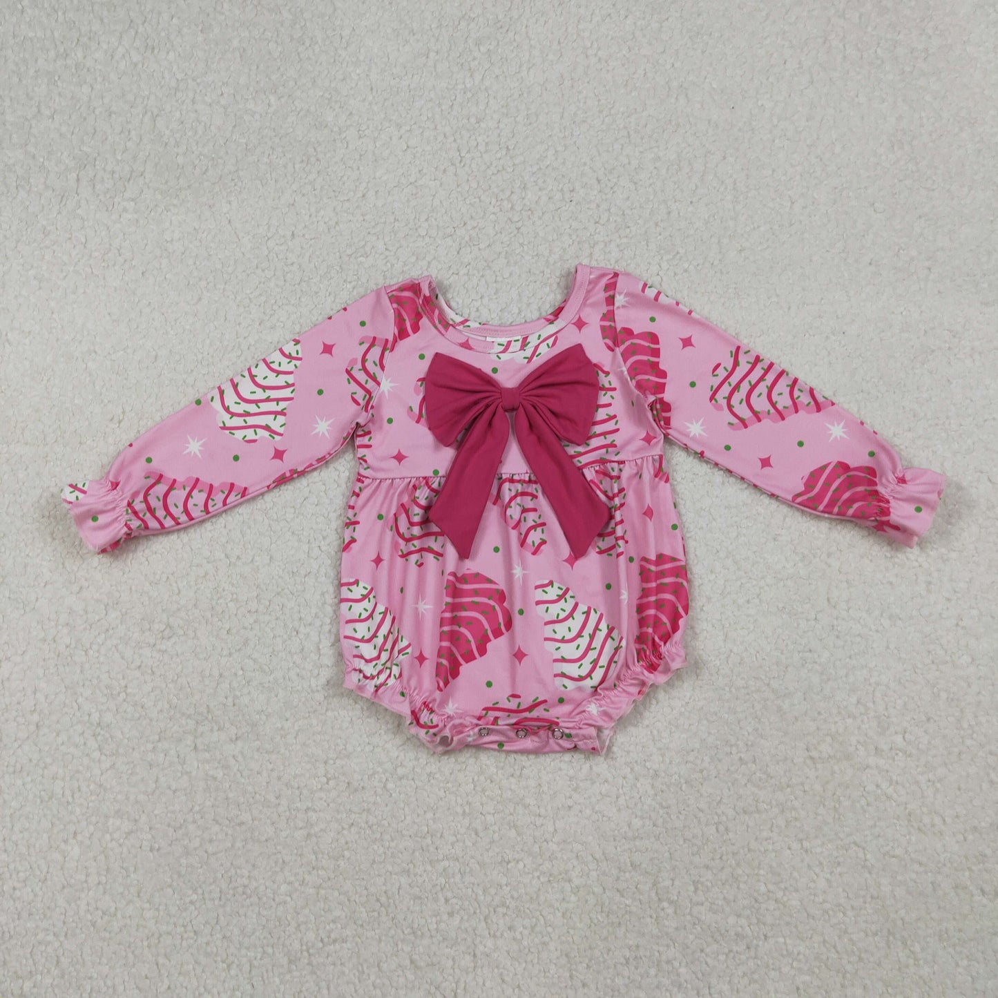 RTS NO MOQ(In Stock) LR2586 Pink long-sleeved bodysuit with a Christmas tree rose and bow