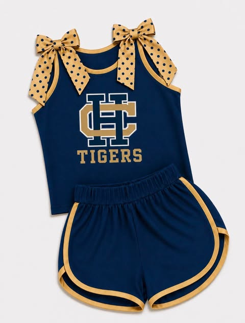 custom moq 5 mix size AITOLY0103 Baby Girls Polka Dot Bow Strap Tank Top And Gold Trim Short Team Set
