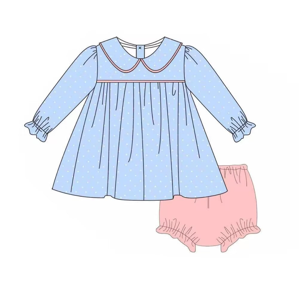 custom moq 5 eta 6-7 weeks summer baby girls clothes blue and pink long sleeve bummines sets