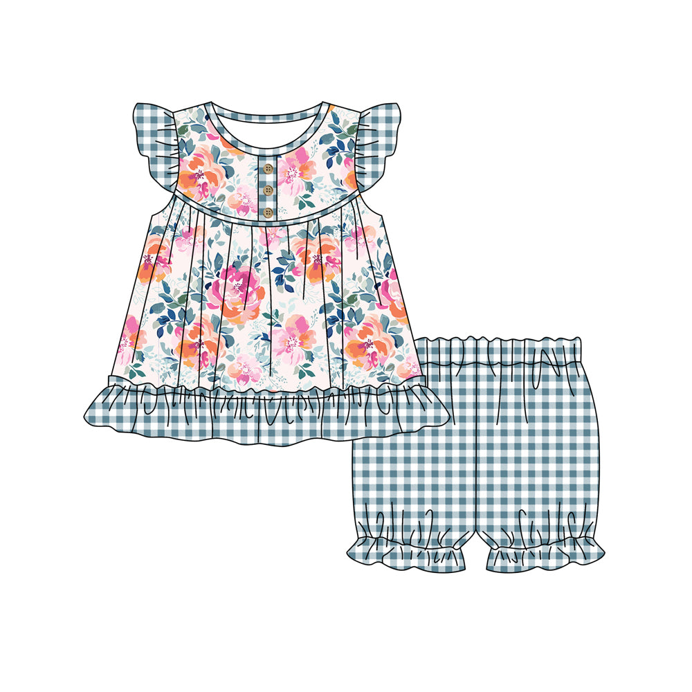 Deadline April 26 Girls plaid floral short sleeve shorts suit