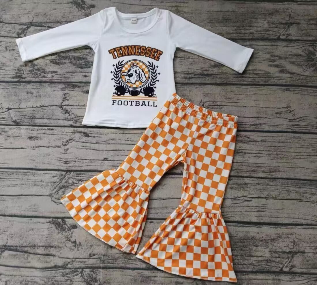 Custom moq 3 eta about 6-8 weeks White Long Sleeve Puppy Pattern-Orange Plaid Flared Pants Set