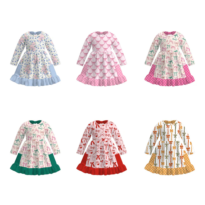 Custom moq 5 each style eta 6-7weeks milk silk baby girls summer bow long sleeves dresses