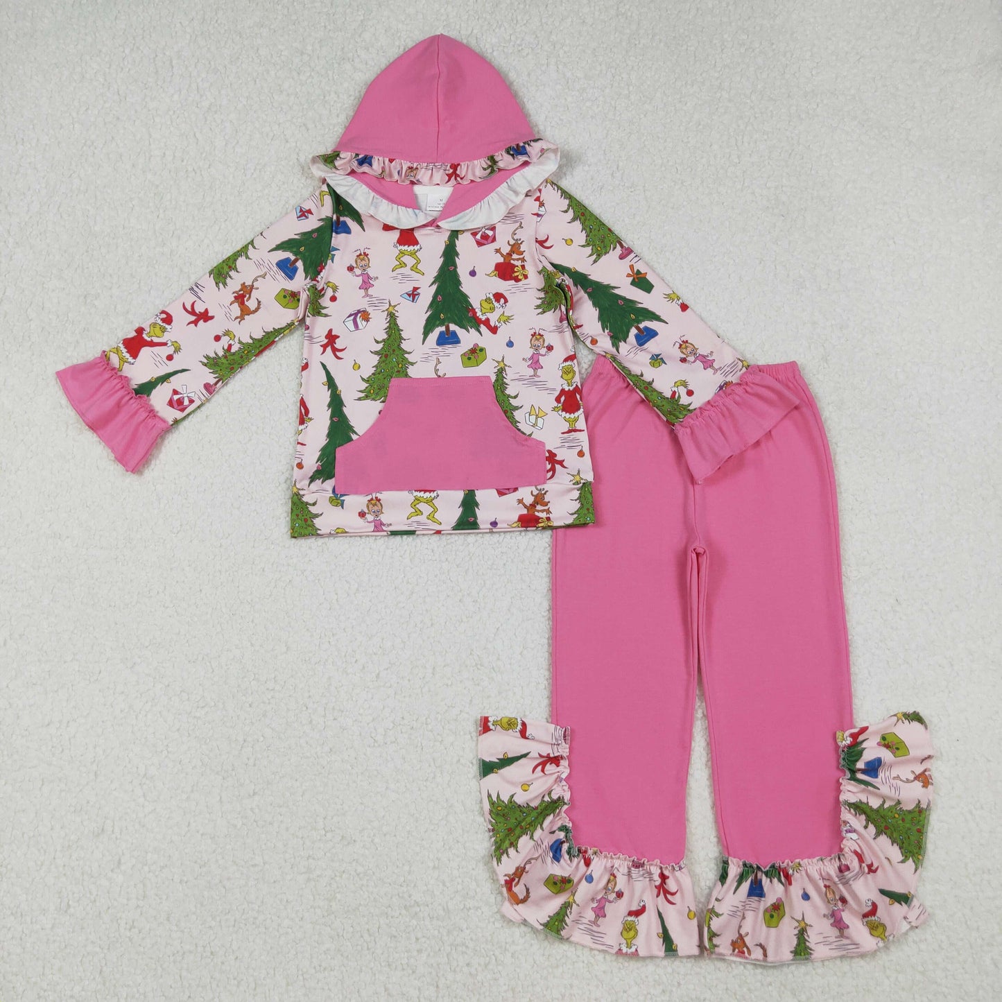 RTS NO MOQ(In Stock) 12/18m-7/8t GLP2709 Cartoon Christmas Tree Rose Red Pocket Hooded Long-Sleeved Pants