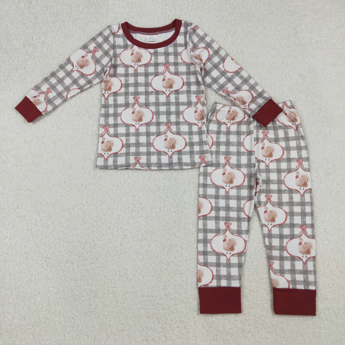 RTS NO MOQ(In Stock) 12/18m-7/8t GLP2885 Bow Pattern Turkey Plaid Long Sleeve Trouser Pajama Set