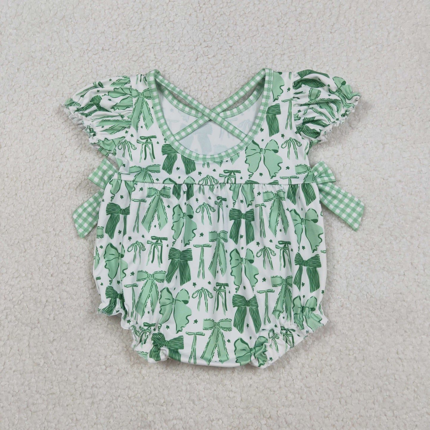 RTS NO MOQ(In Stock) Four-Leaf Clover Green Bow Pattern Plaid White Short-Sleeve Jumpsuit