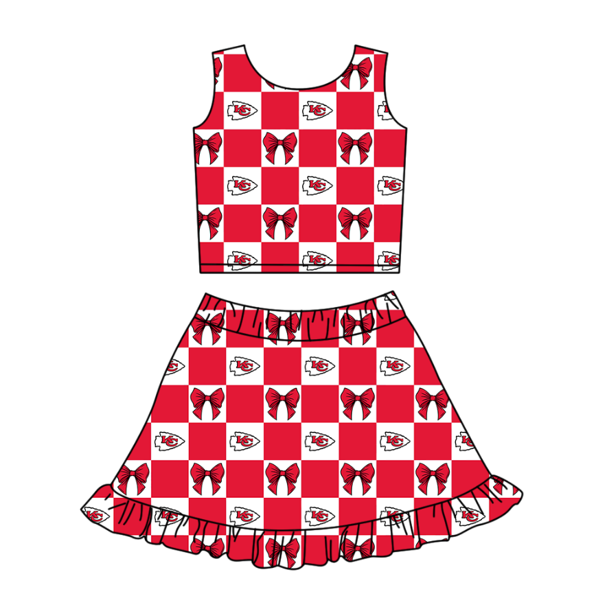 Custom moq 3 or 5 mix size milk silk summer teams baby girl clothes bow red sleeveless skirts sets