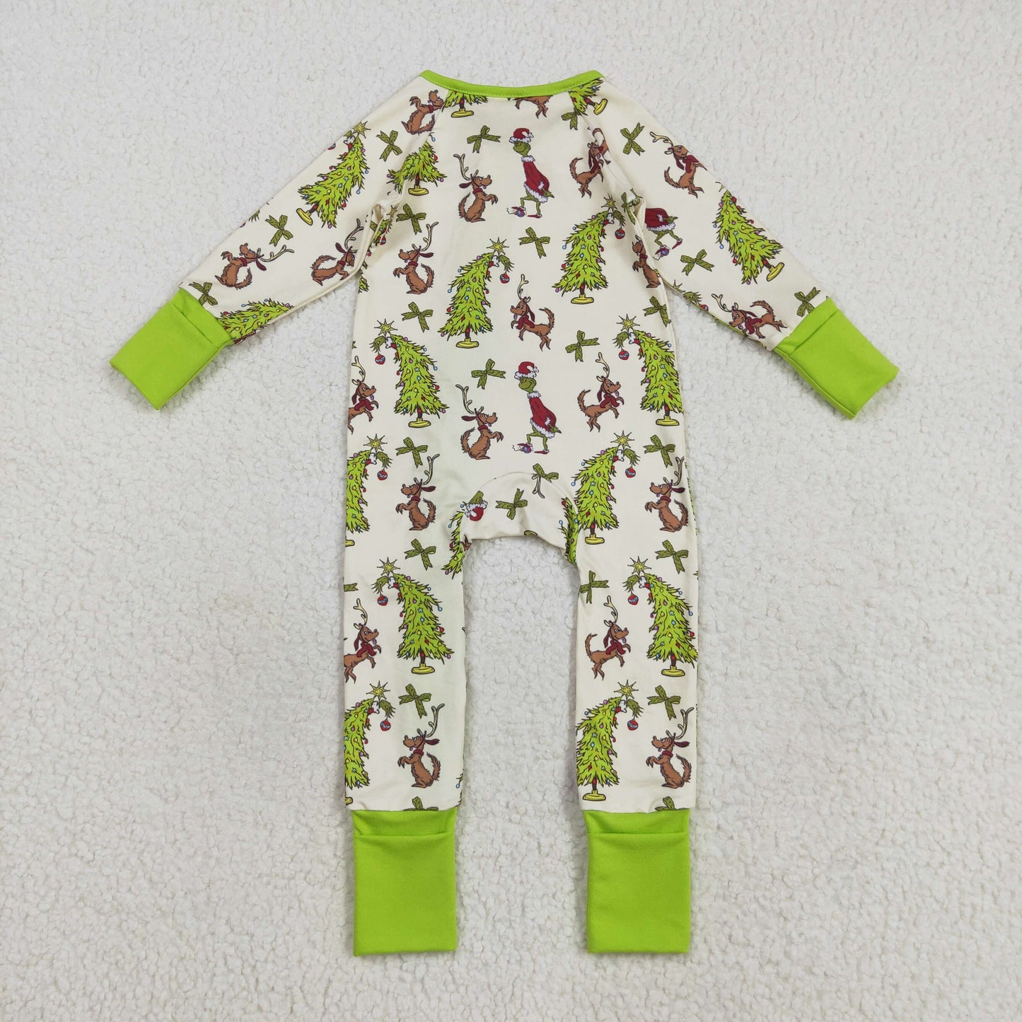 RTS NO MOQ(In Stock) LR2481 Christmas tree puppy green bow pattern zipper long sleeve jumpsuit