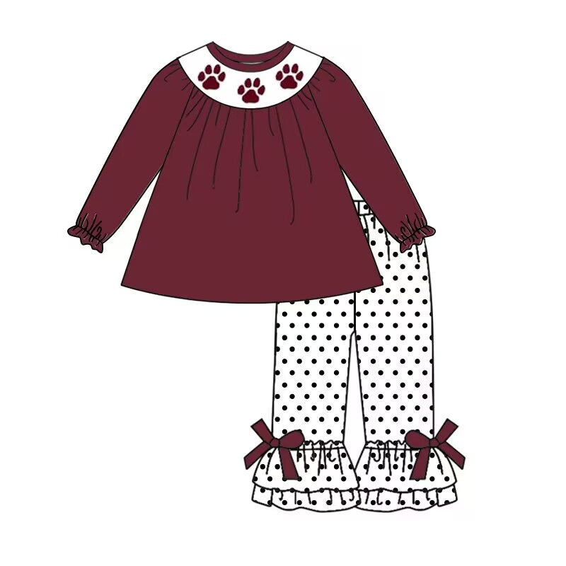 Custom moq 3 tat about 6-8 weeks team baby girls clothes brick red long sleeve and long pants suit