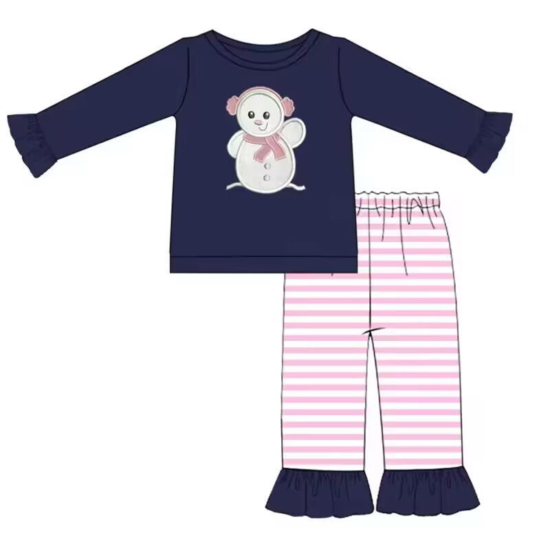 Custom moq 3 eta 6-8weeks Pink Snowman Lace Cuff Top - Pink Striped Pants Set