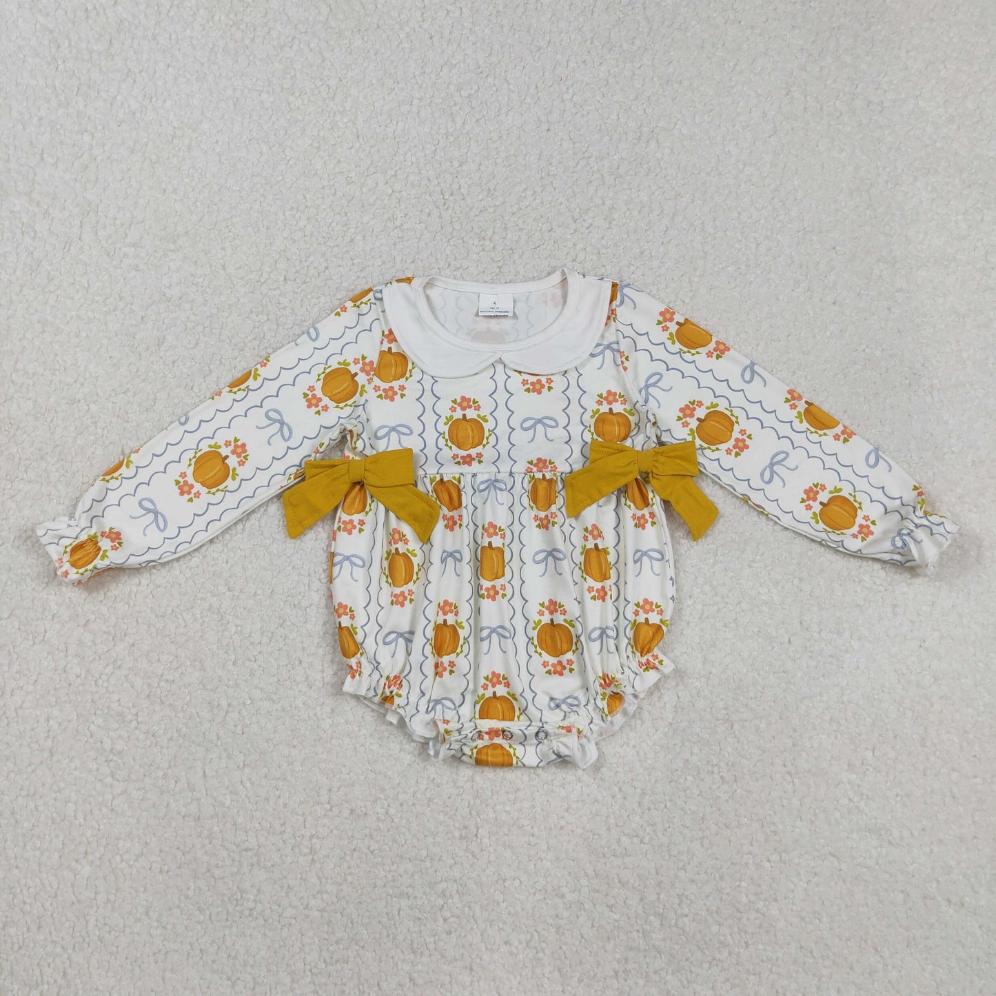 RTS NO MOQ(In Stock) LR2389 Floral Pumpkin Orange Bow Baby Collar Long-Sleeved Bodysuit