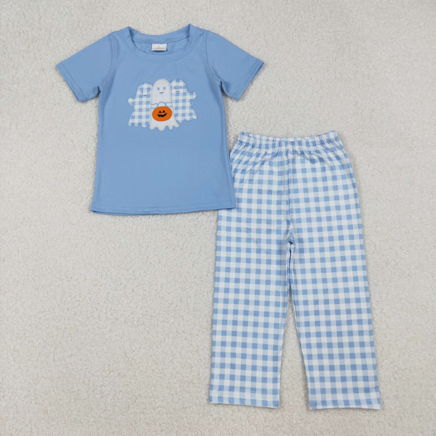 RTS NO MOQ(In Stock) BSPO0581 Embroidered Halloween lantern ghost blue short-sleeved plaid pantsuit
