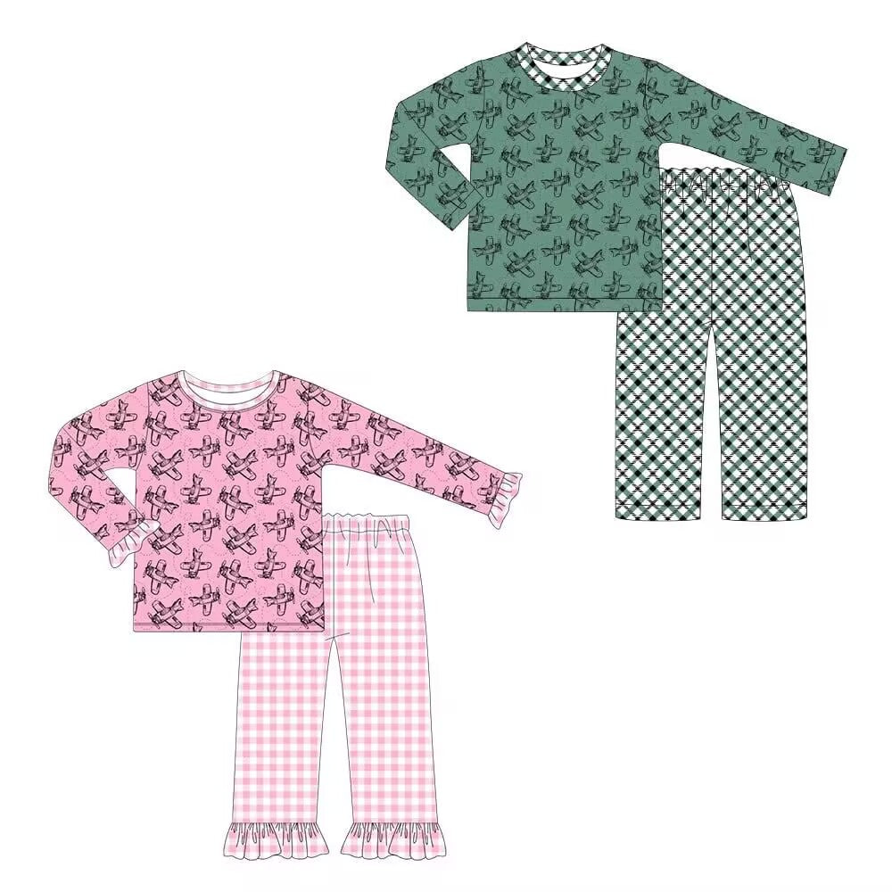Custom moq 5 each style eta 6-7weeks baby girl clothes airplane long sleeve pants sets 1 and sets 2-25.8.14