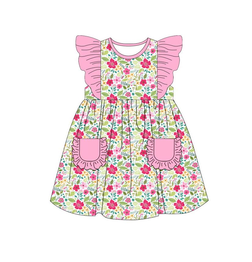 GSD0706 Floral pink lace pocket flying sleeve dress