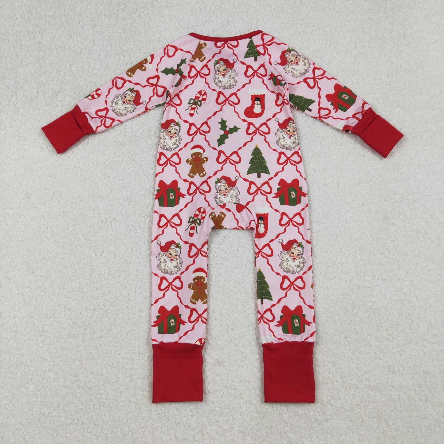 RTS NO MOQ(In Stock) LR2632 Santa Claus Stocking Gift Bow Pattern Plaid Pink Zipper Long-Sleeved Bodysuit in Pink