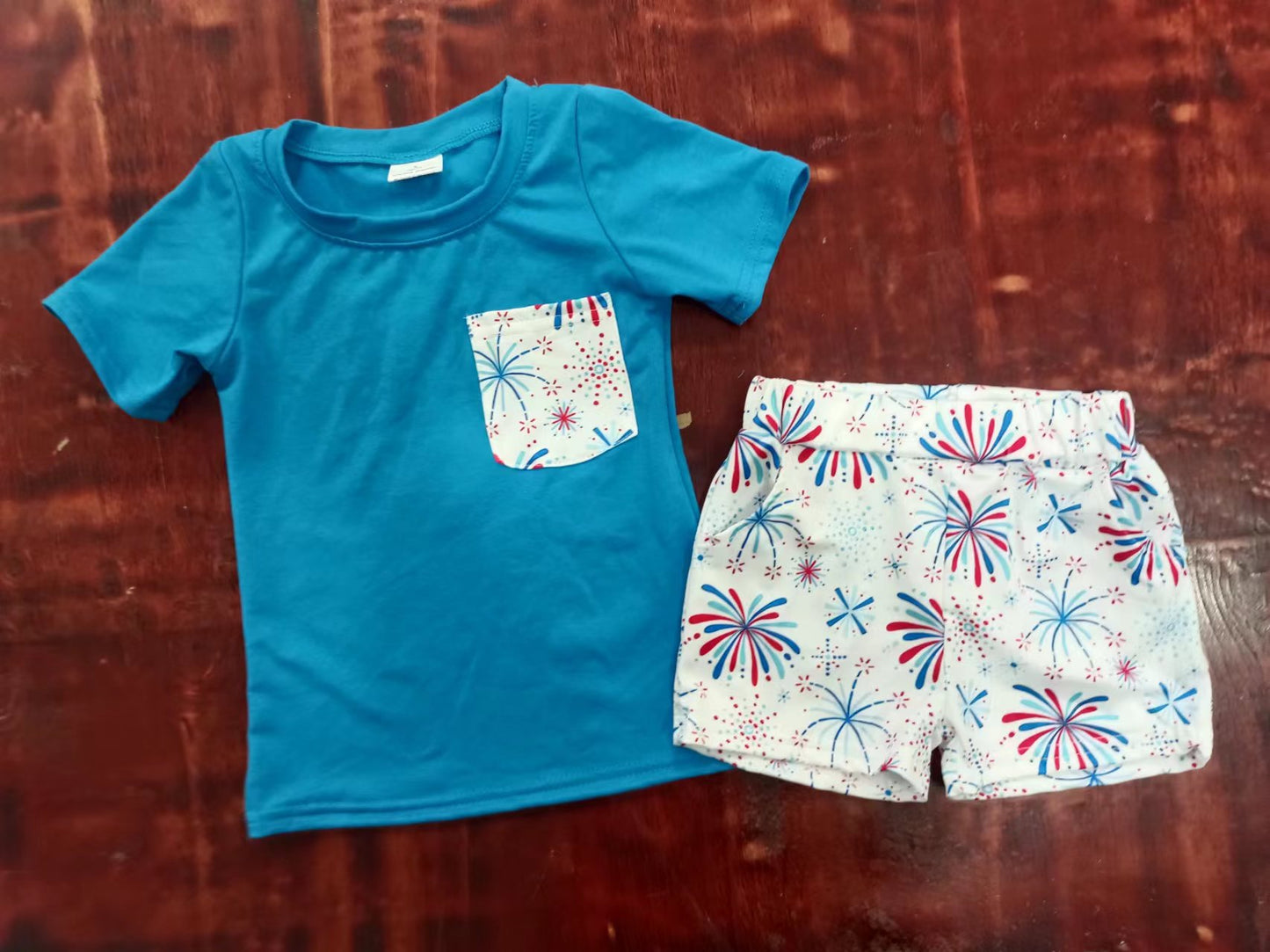 summer boys blue short sleeve fireworks shorts boys sets