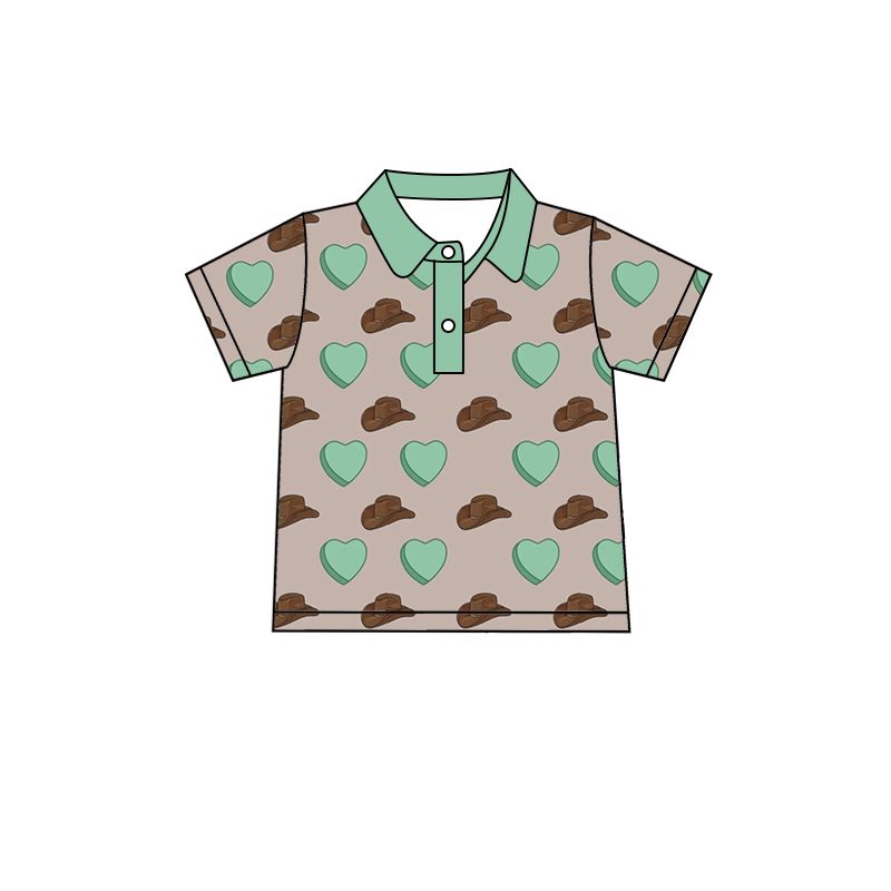 BT0557 Cowboy Hat Green Heart Brown Short Sleeve Top